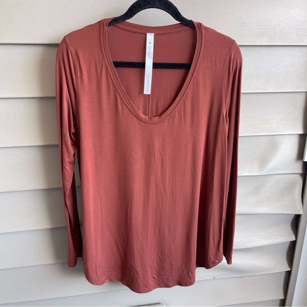 Lululemon Up for Down Time Long Sleeve‎ Relaxed Shirt Modal Silk Tee Brown Sz 6